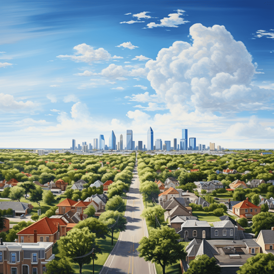 a road directly to Plano Texas - each side, greenery and residential houses