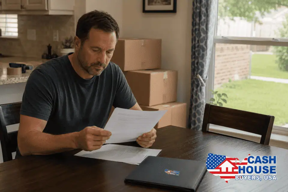 a man looks over relocation paperwork sent to him by Cash House Buyers USA in Texas.