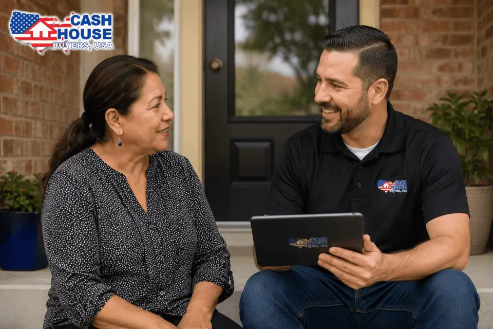 Cash House Buyers Usa Employee Chats With Potential Client In Dallas, Texas.