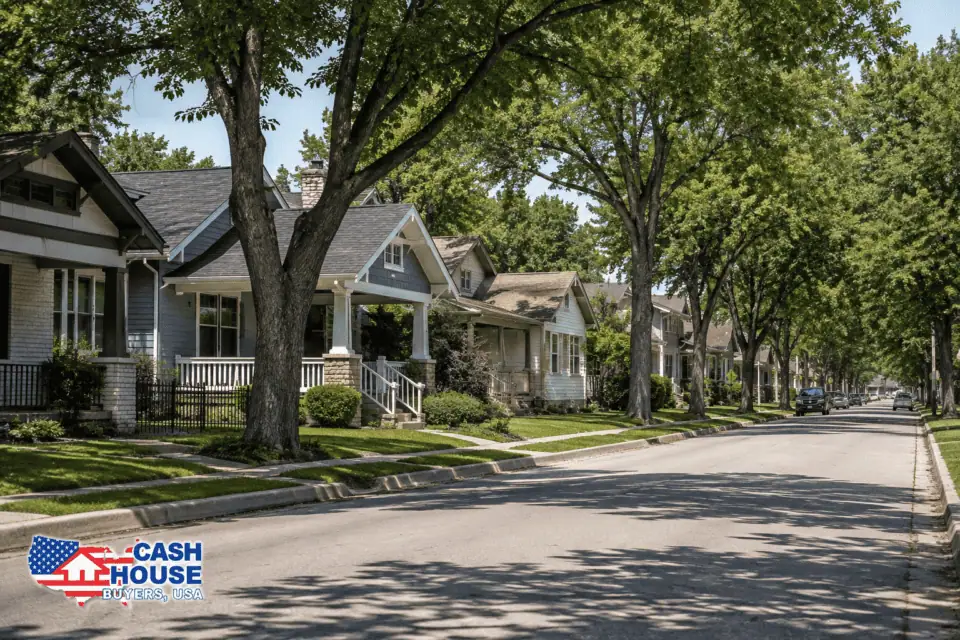 A Leafy Suburb In Dallas, Blue Skies And Typical Houses In The Area.