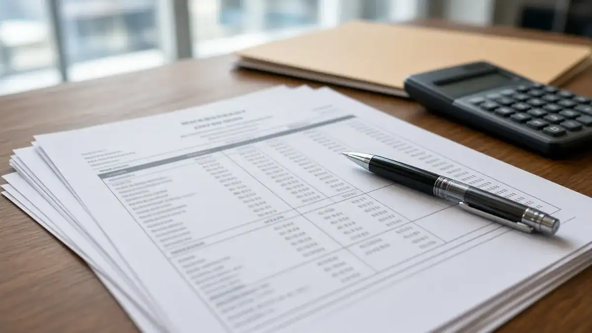 Multi-page ALTA settlement statement with a pen and calculator on a title office table