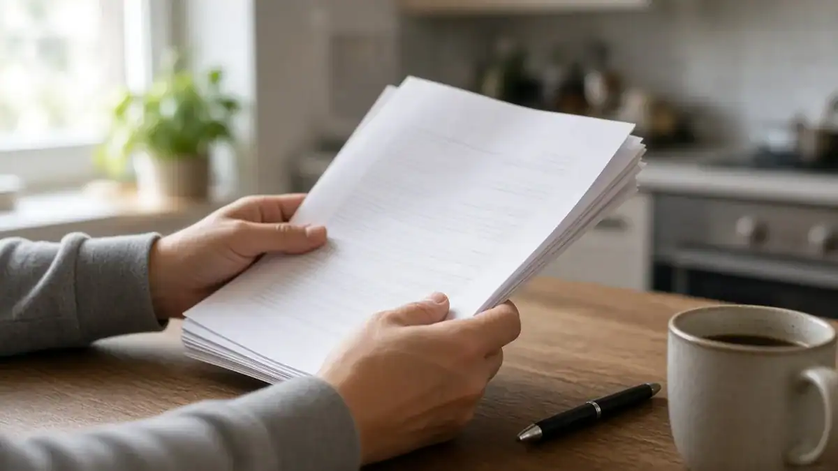 Home buyer reviewing a printed purchase contract at a kitchen table