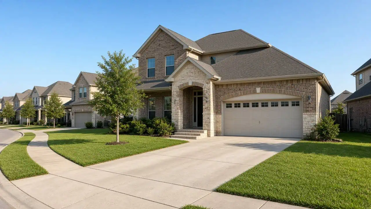 Two-story brick and stone family home with a two-car garage on a residential street in Frisco, TX