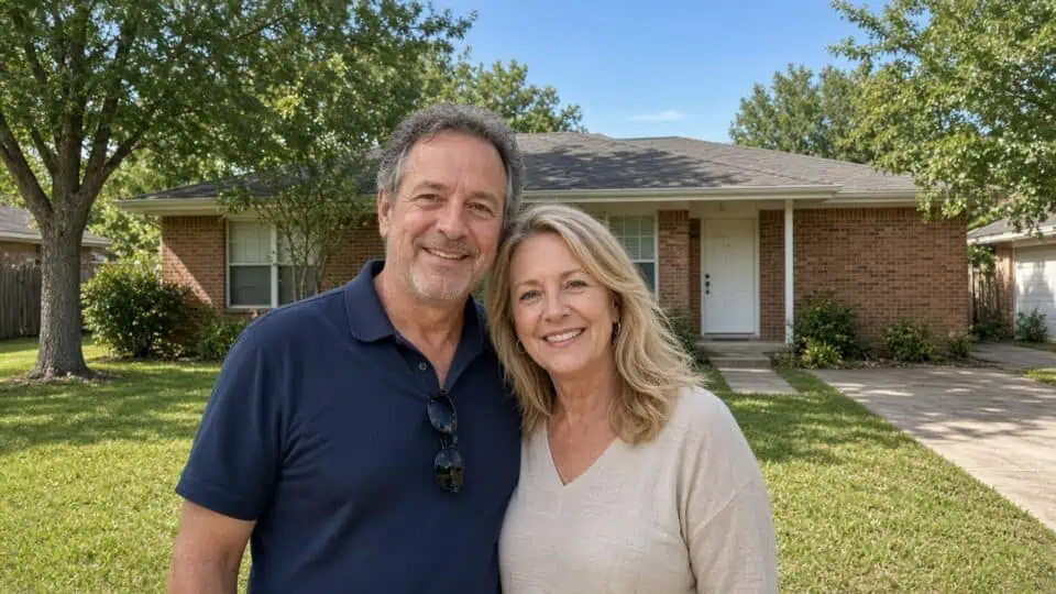 Happy Irving couple outside their house after a quick cash sale