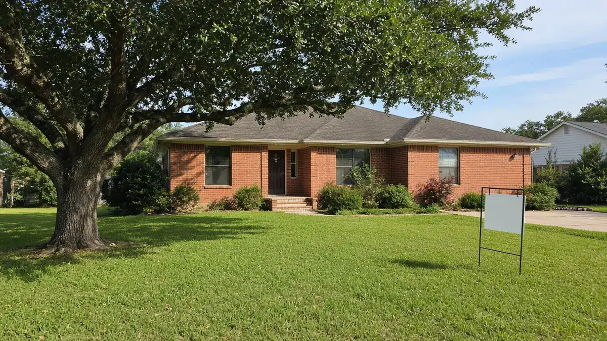 Single-story red brick ranch home in a Texas suburb with a real estate yard sign