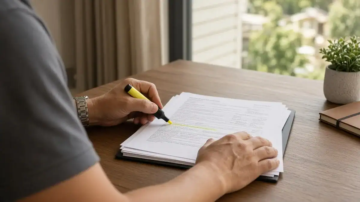 Texas home seller highlighting a line on a closing statement before signing